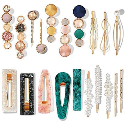 Mehayi twenty pieces macaron pearl hair clips set front view showing a variety of colorful geometric barrettes.