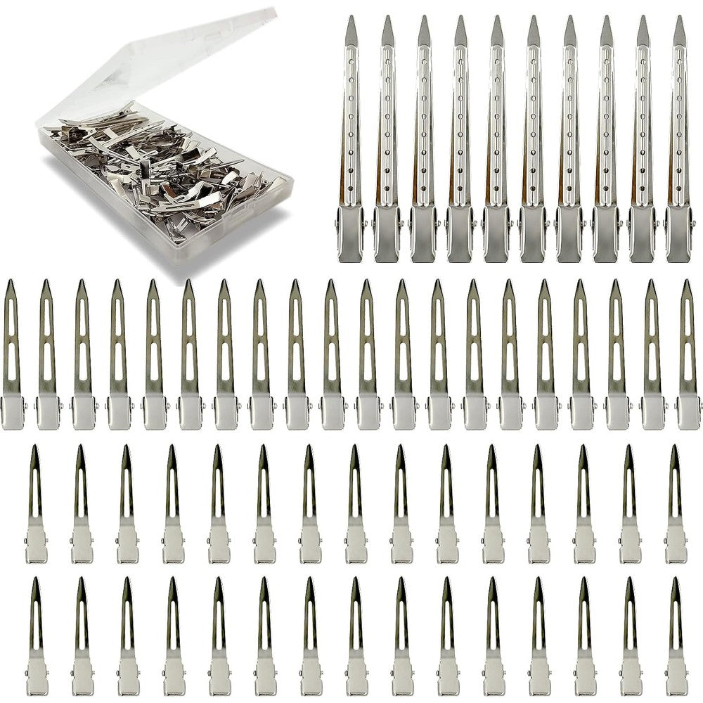HiJeaton Metal Styling Duck Billed Hair Clips front view showing sixty silver alligator pins in a clear plastic case.