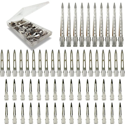 HiJeaton Metal Styling Duck Billed Hair Clips front view showing sixty silver alligator pins in a clear plastic case.