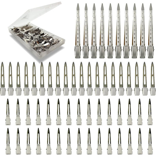HiJeaton Metal Styling Duck Billed Hair Clips front view showing sixty silver alligator pins in a clear plastic case.