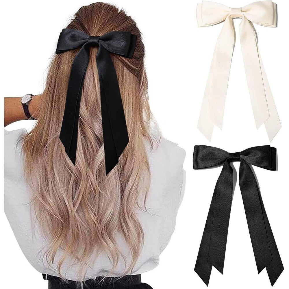 Belicia silky satin hair bows front view in classic beige and black.
