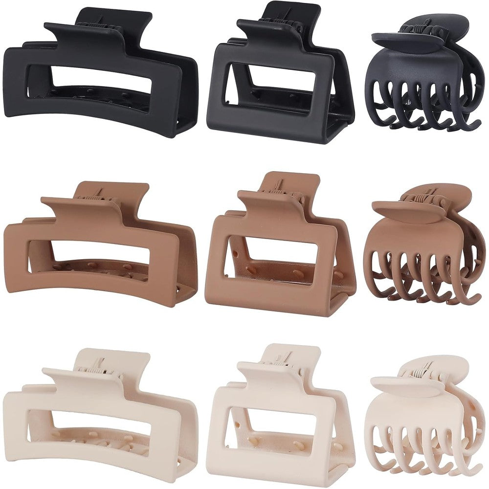 Flexora medium claw hair clips set front view showing nine pieces in matte brown black and beige