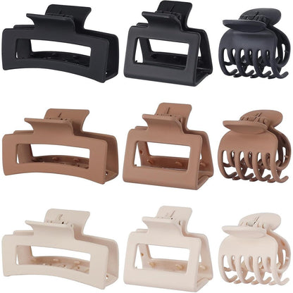 Flexora medium claw hair clips set front view showing nine pieces in matte brown black and beige