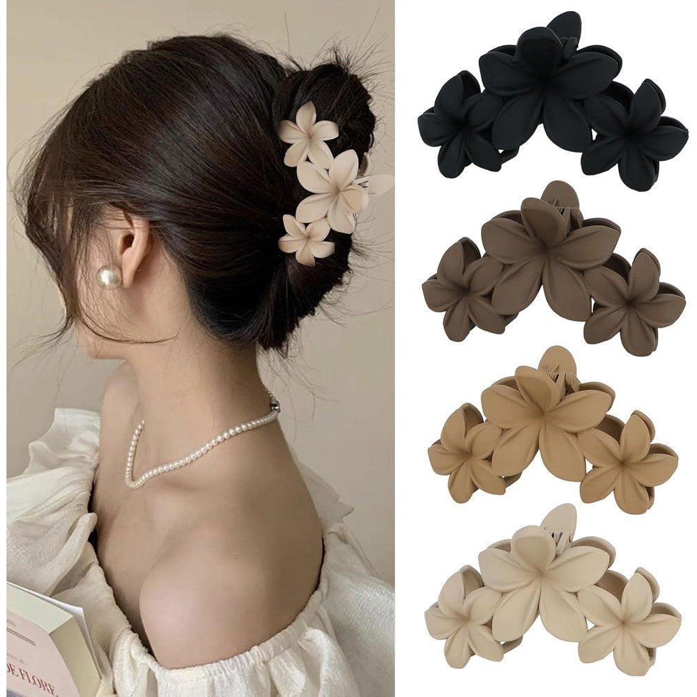 ANBALA Hawaiian Plumeria Flower Hair Clips 4 Pack front view showing colorful matte finishes.