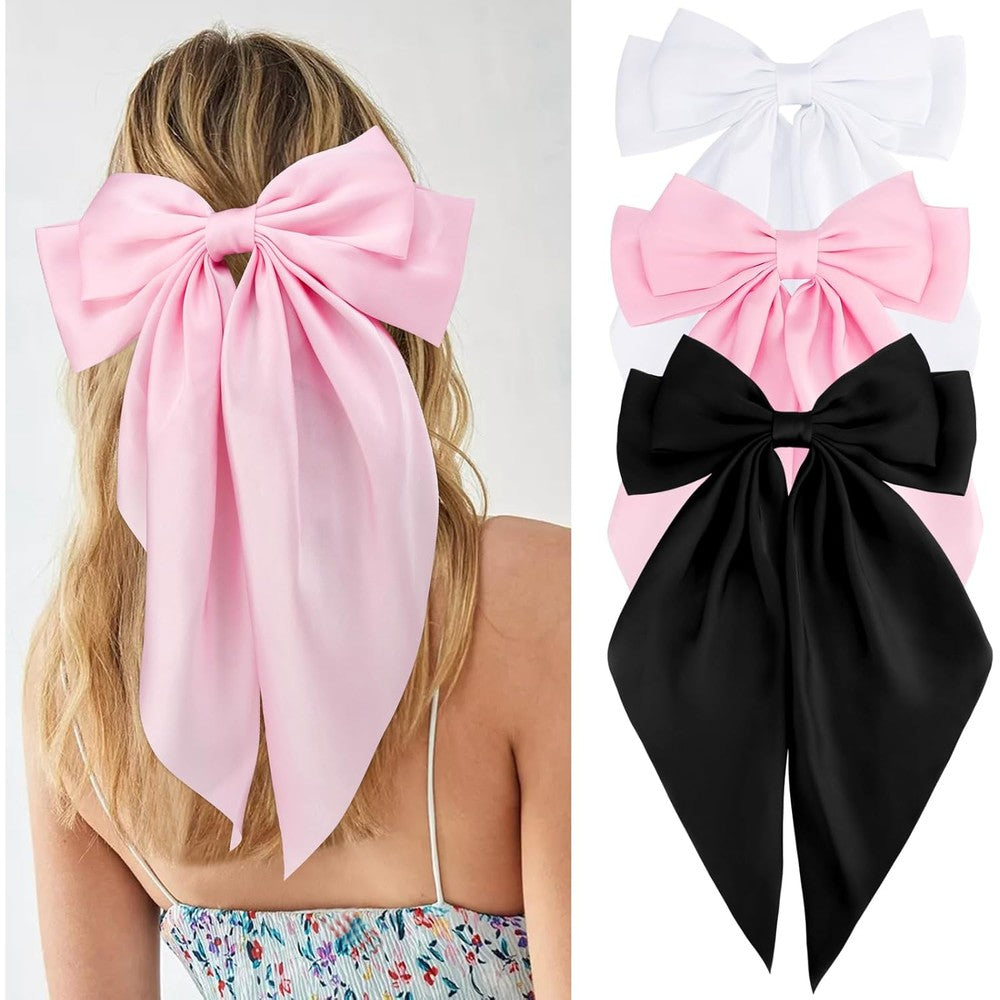 Velscrun silky satin hair bows three pack front view featuring white pink and black colors