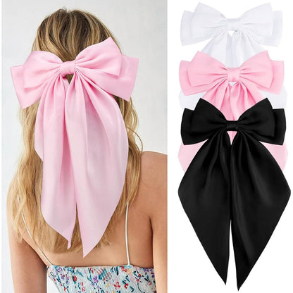 Velscrun silky satin hair bows three pack front view featuring white pink and black colors