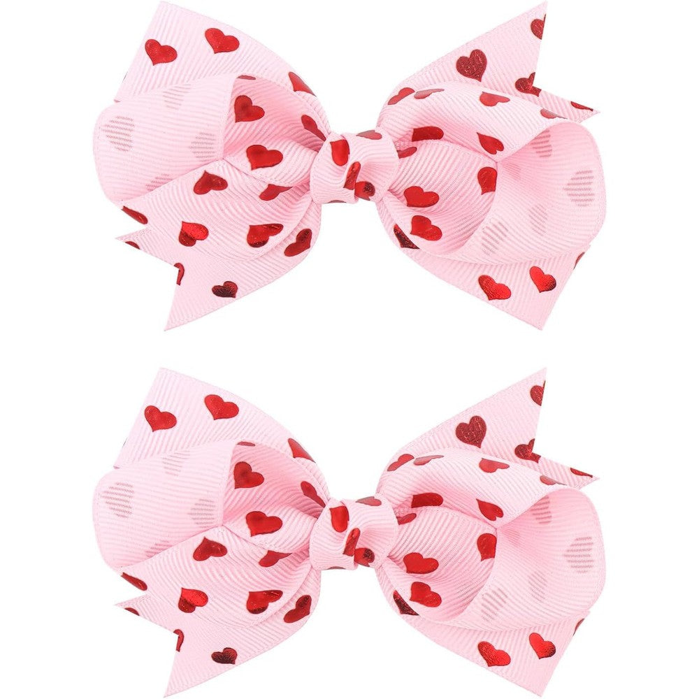 YanJie 4 inch heart print hair bow clips front view
