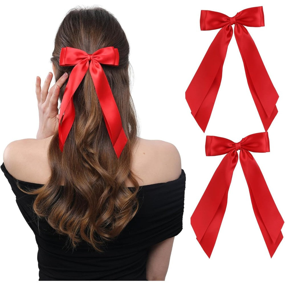 LuSeren red satin double layer hair bow front view