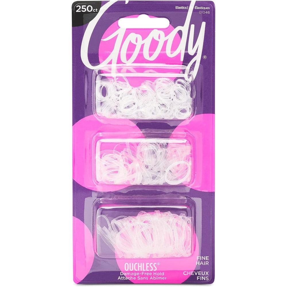 Goody Ouchless Polyband Hair Ties front view packaging showcasing clear elastics.
