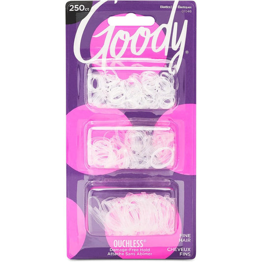 Goody Ouchless Polyband Hair Ties front view packaging showcasing clear elastics.