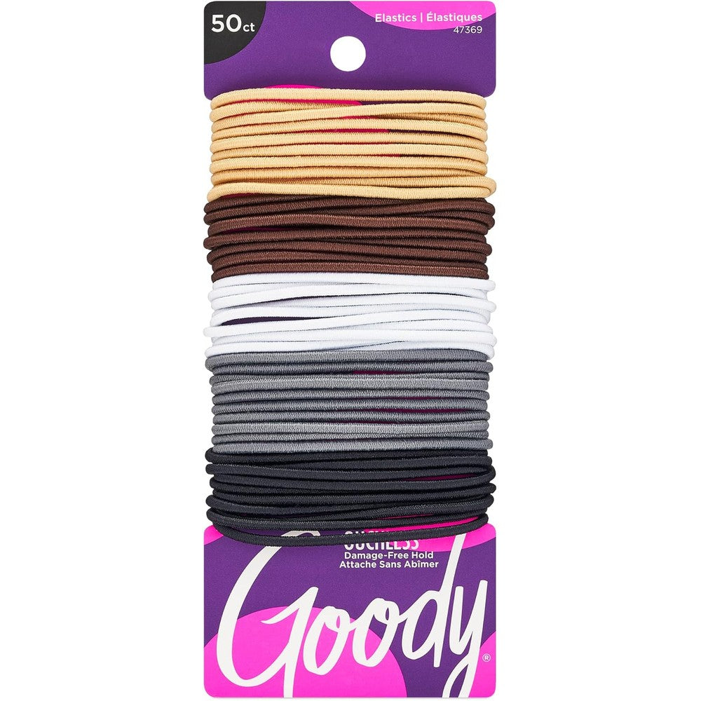 Goody Ouchless Hair Elastics front view packaging showcasing fifty count assorted neutral bands.