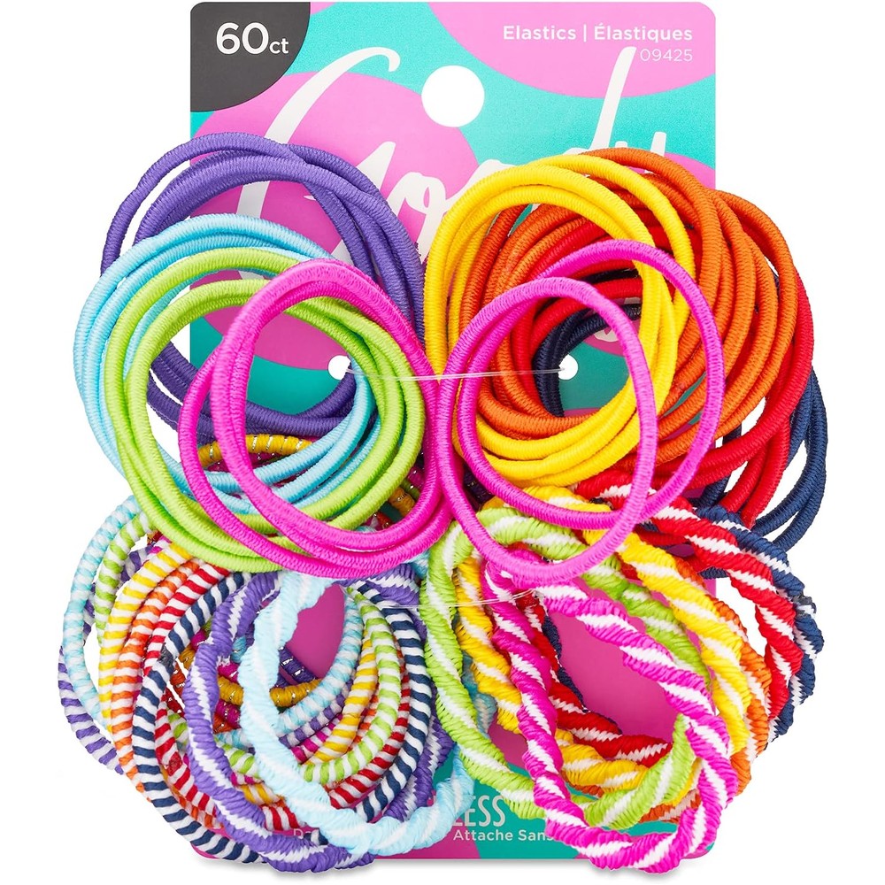 Goody Kids Ouchless Hair Elastics front view packaging showcasing sixty colorful assorted ponytail holders for children.