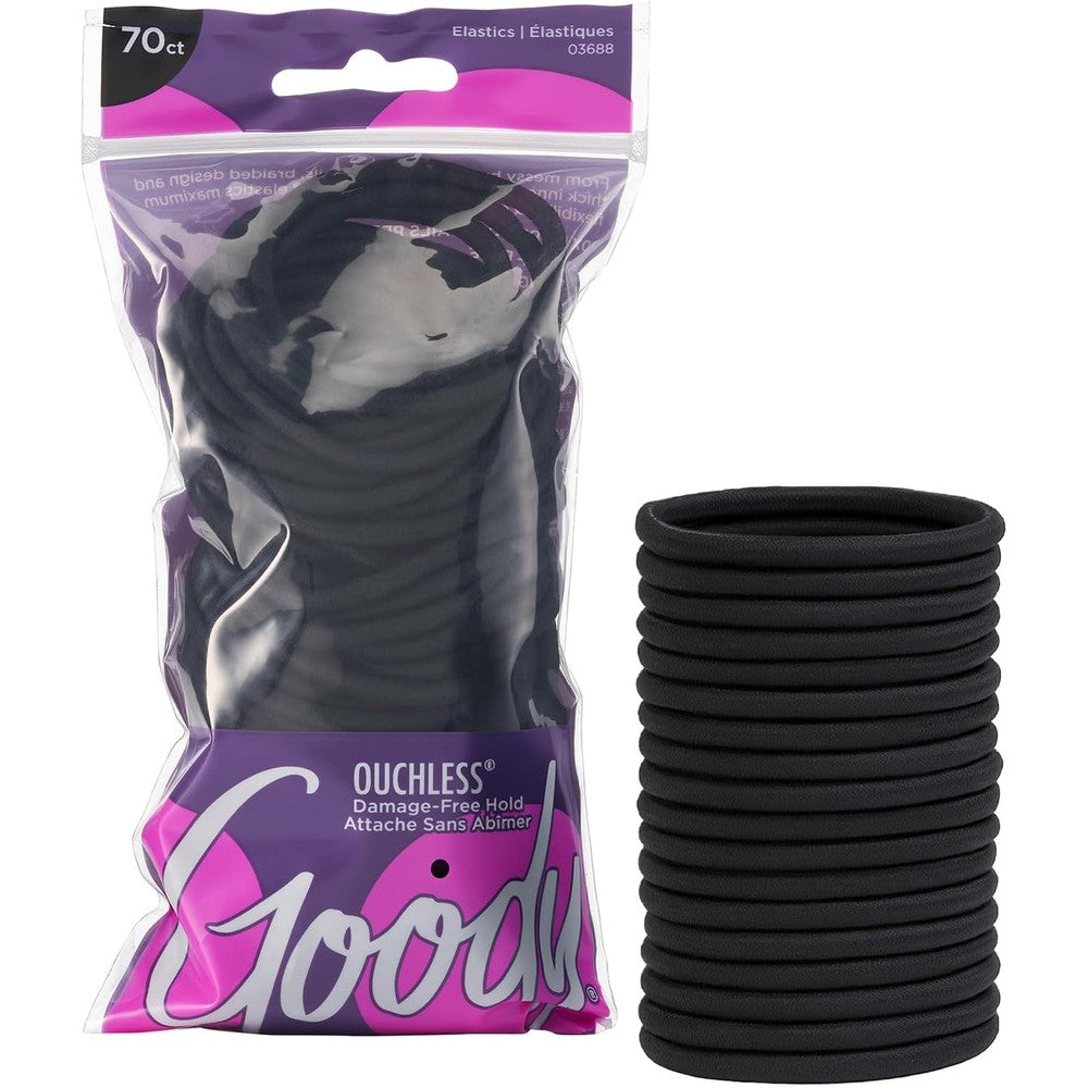 Goody Ouchless Hair Elastics front view of 70 count pack showing black no-metal hair ties.