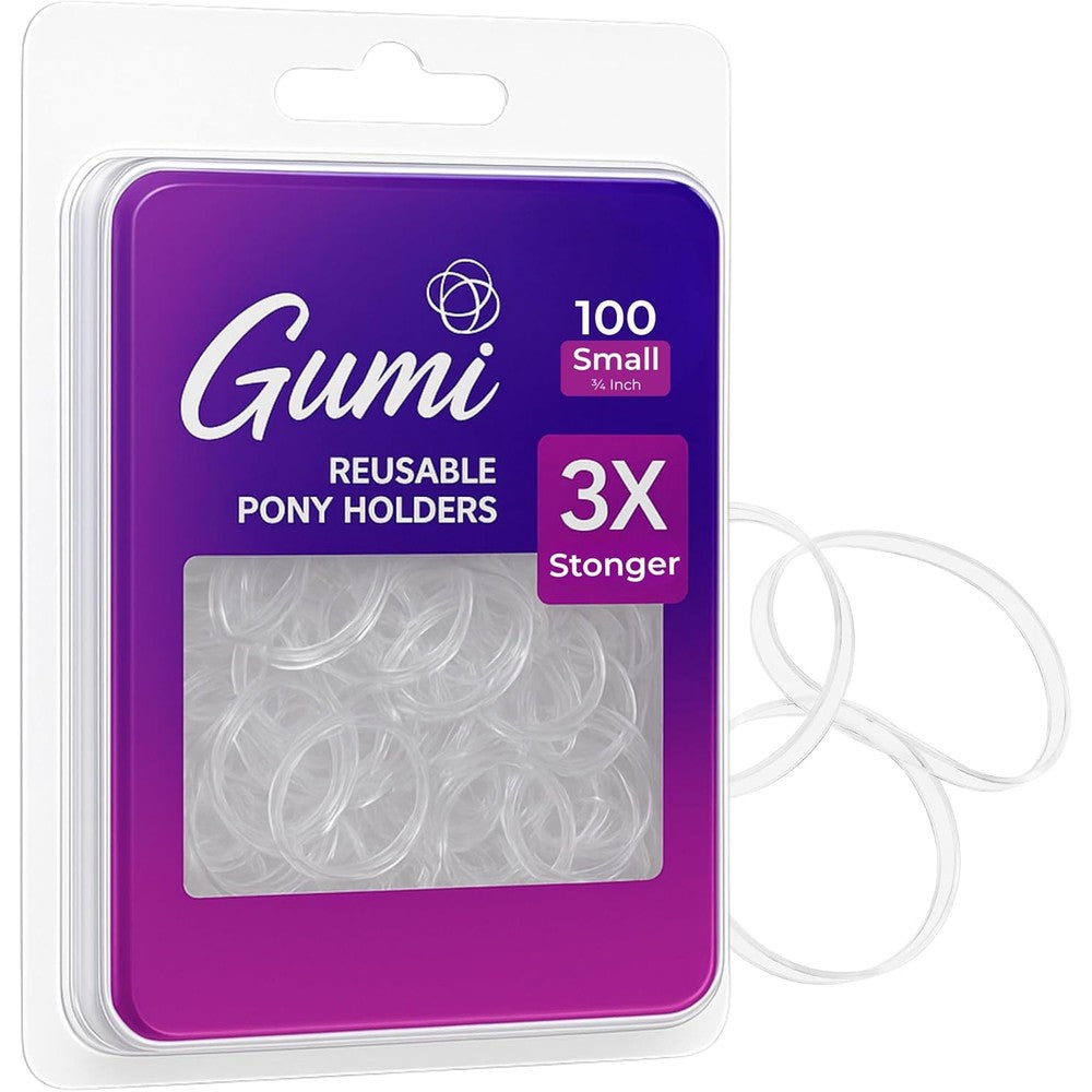Gumi Good clear small hair elastics package front view showing one hundred count transparent bands.