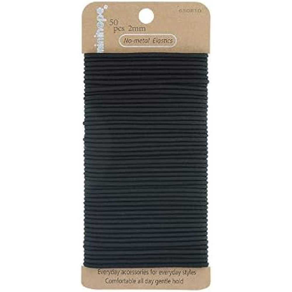 Minihope no metal black elastic hair ties fifty count pack front view.