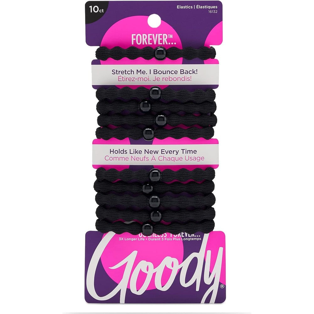 Goody Ouchless Forever Hair Elastics 10 count front view packaging of black damage free hair ties