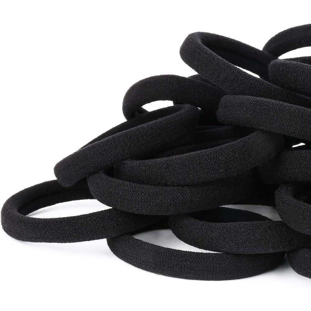 Qarwayoc black hair ties front view of fifty pack seamless cotton bands