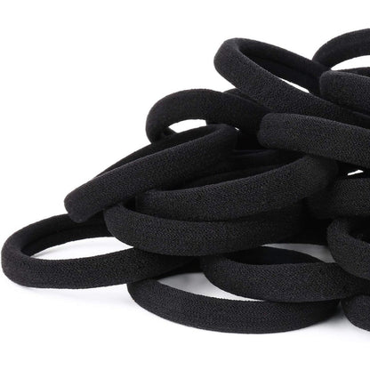 Qarwayoc black hair ties front view of fifty pack seamless cotton bands