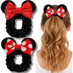 Styla Hair mouse ear velvet scrunchies front view displaying red and black sequin bows