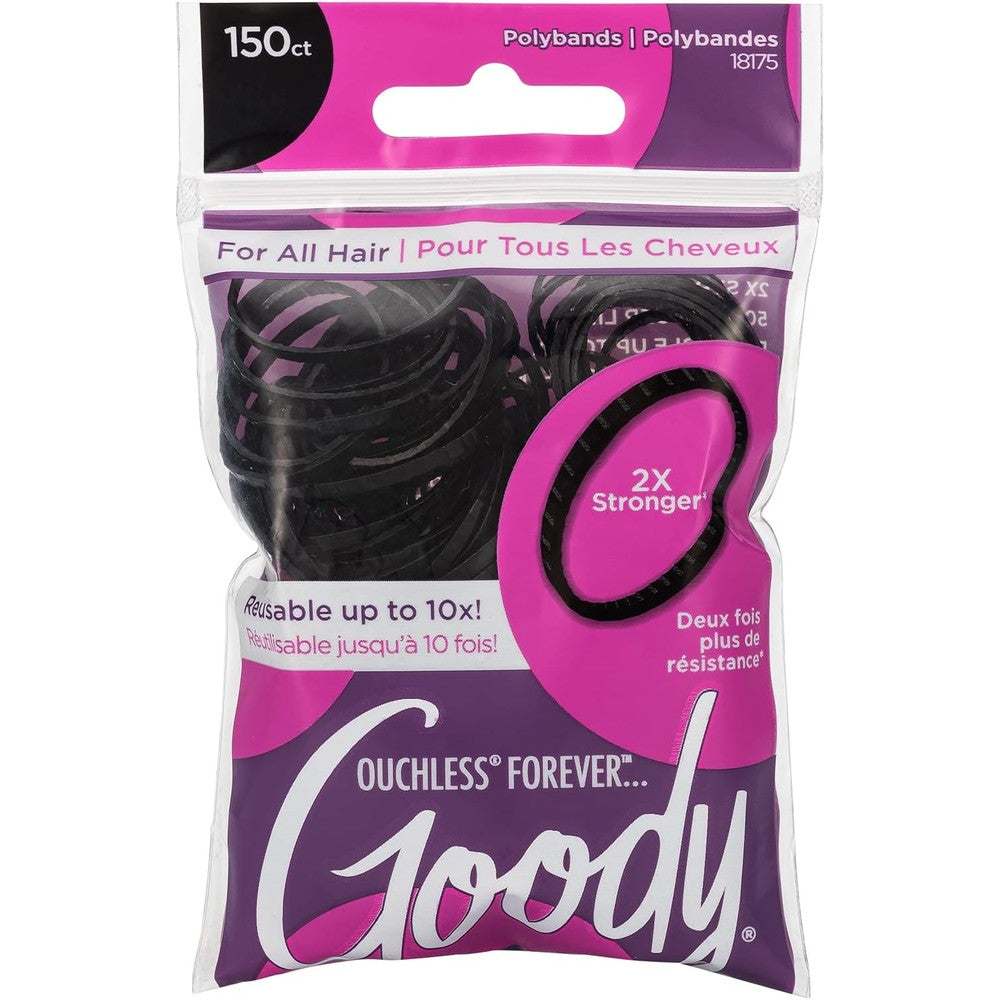 Goody Ouchless Forever Polyband Elastic Hair Tie front view of packaging featuring one hundred and fifty black bands.