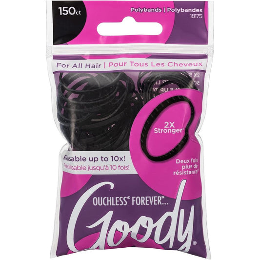 Goody Ouchless Forever Polyband Elastic Hair Tie front view of packaging featuring one hundred and fifty black bands.