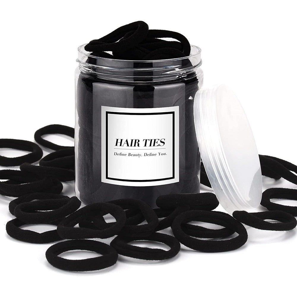iFwevs black hair ties front view of fifty seamless cotton ponytail holders in a clear storage jar