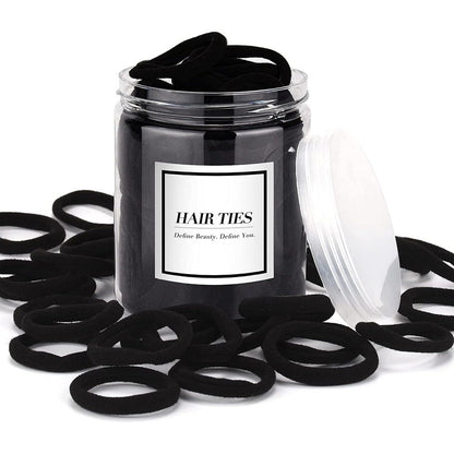 iFwevs black hair ties front view of fifty seamless cotton ponytail holders in a clear storage jar