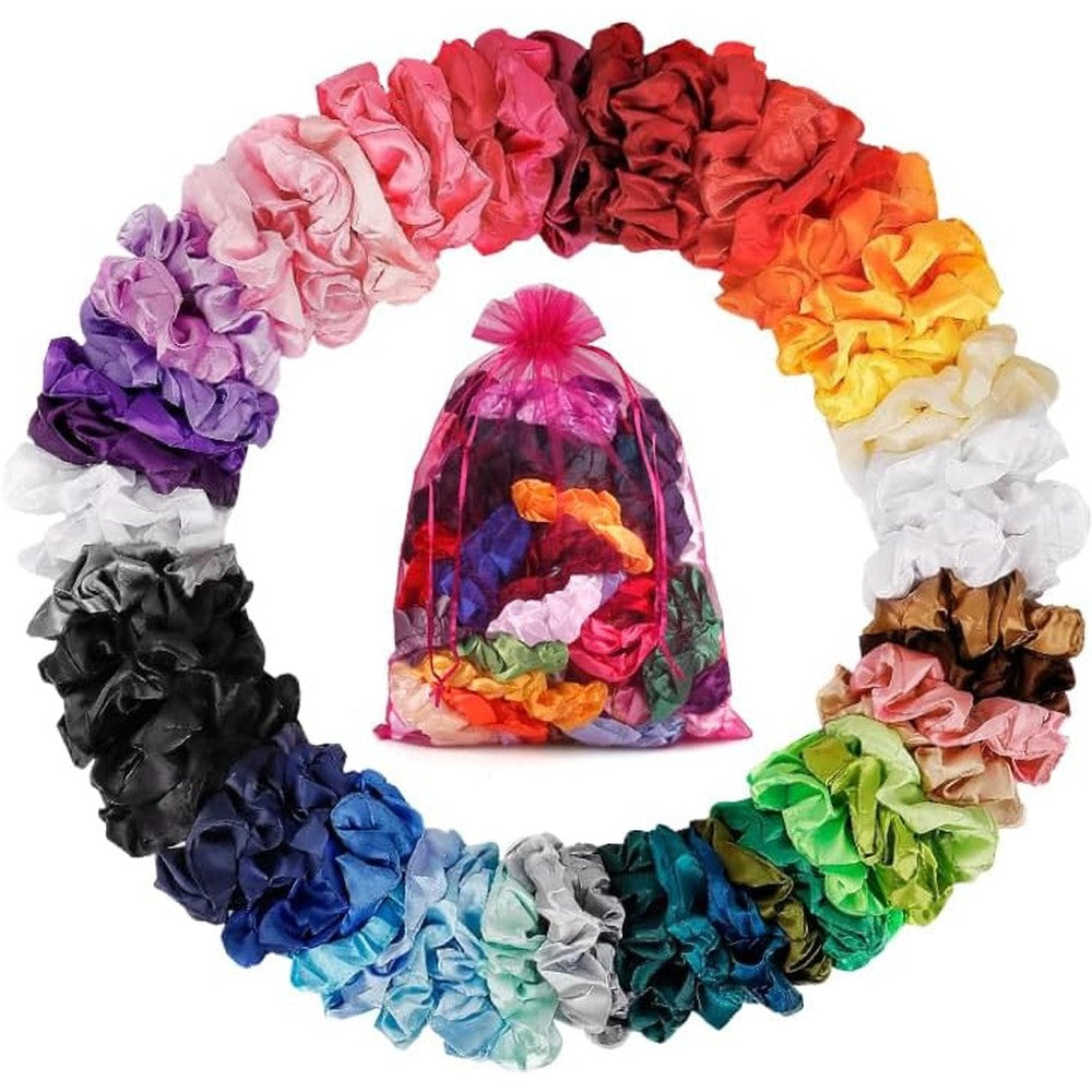 ADRIONE satin silk hair scrunchies front view assortment of sixty colorful ponytail holders