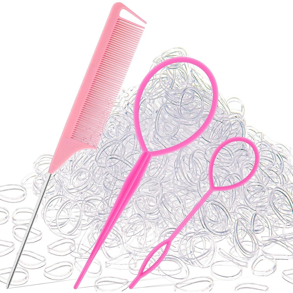 Schembo hair rubber bands and styling tool set front view showcasing clear elastics and pink accessories