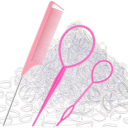 Schembo hair rubber bands and styling tool set front view showcasing clear elastics and pink accessories