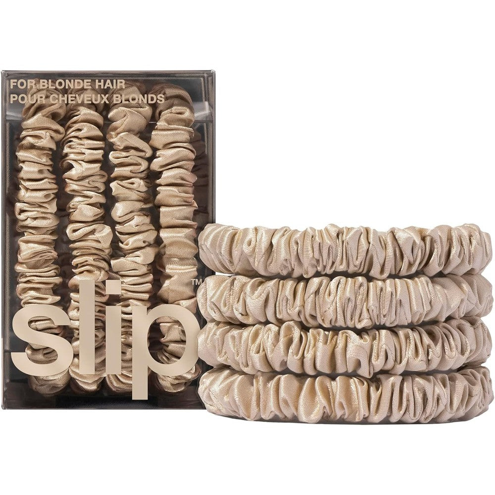 Slip Pure Silk Skinny Scrunchies Blonde set of four front view showing authentic mulberry silk texture.