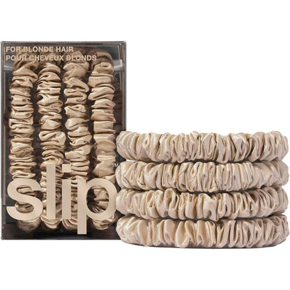 Slip Pure Silk Skinny Scrunchies Blonde set of four front view showing authentic mulberry silk texture.