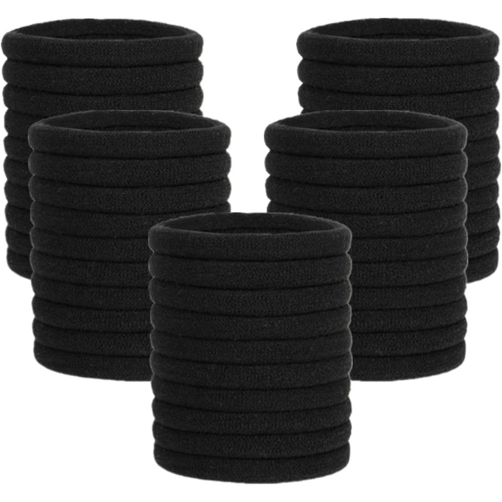 Pimoys elastic hair ties front view pack of one hundred premium black seamless ponytail holders.