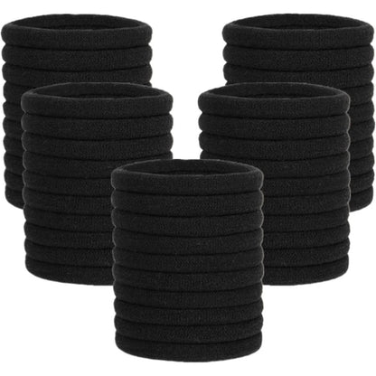 Pimoys elastic hair ties front view pack of one hundred premium black seamless ponytail holders.