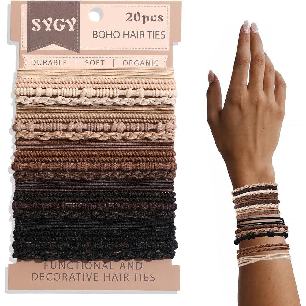 SYGY Boho Hair Ties pack of twenty brown neutral colors front view showcasing unique bohemian braided styles.
