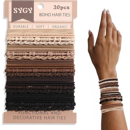 SYGY Boho Hair Ties pack of twenty brown neutral colors front view showcasing unique bohemian braided styles.
