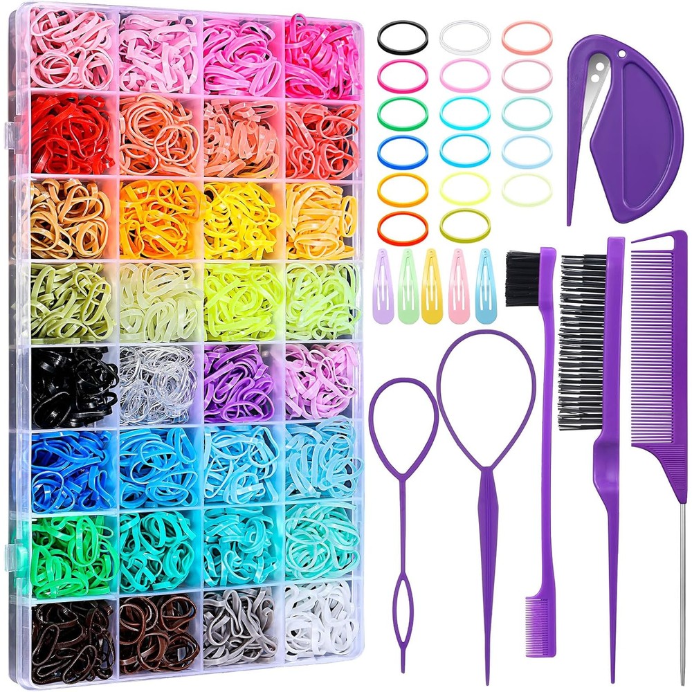 Auroray 32 colors small hair rubber bands kit front view showing clear storage box filled with colorful elastics.