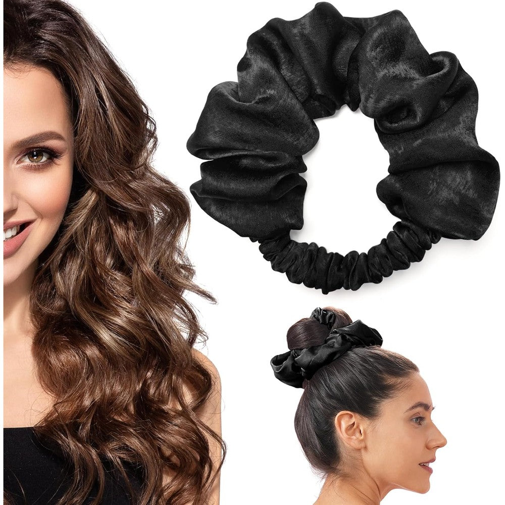 BLINKEEN Heatless Curling Scrunchie front view showing black satin fabric texture