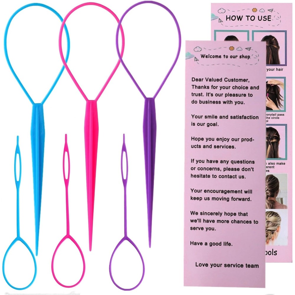 Aigee 6 Piece Topsy Tail and Hair Loop Styling Tool Set front view showcasing the large and small pink blue and purple ponytail makers.