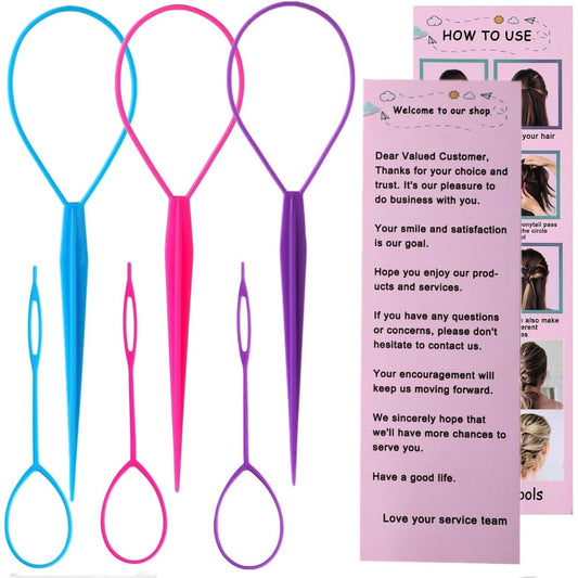 Aigee 6 Piece Topsy Tail and Hair Loop Styling Tool Set front view showcasing the large and small pink blue and purple ponytail makers.