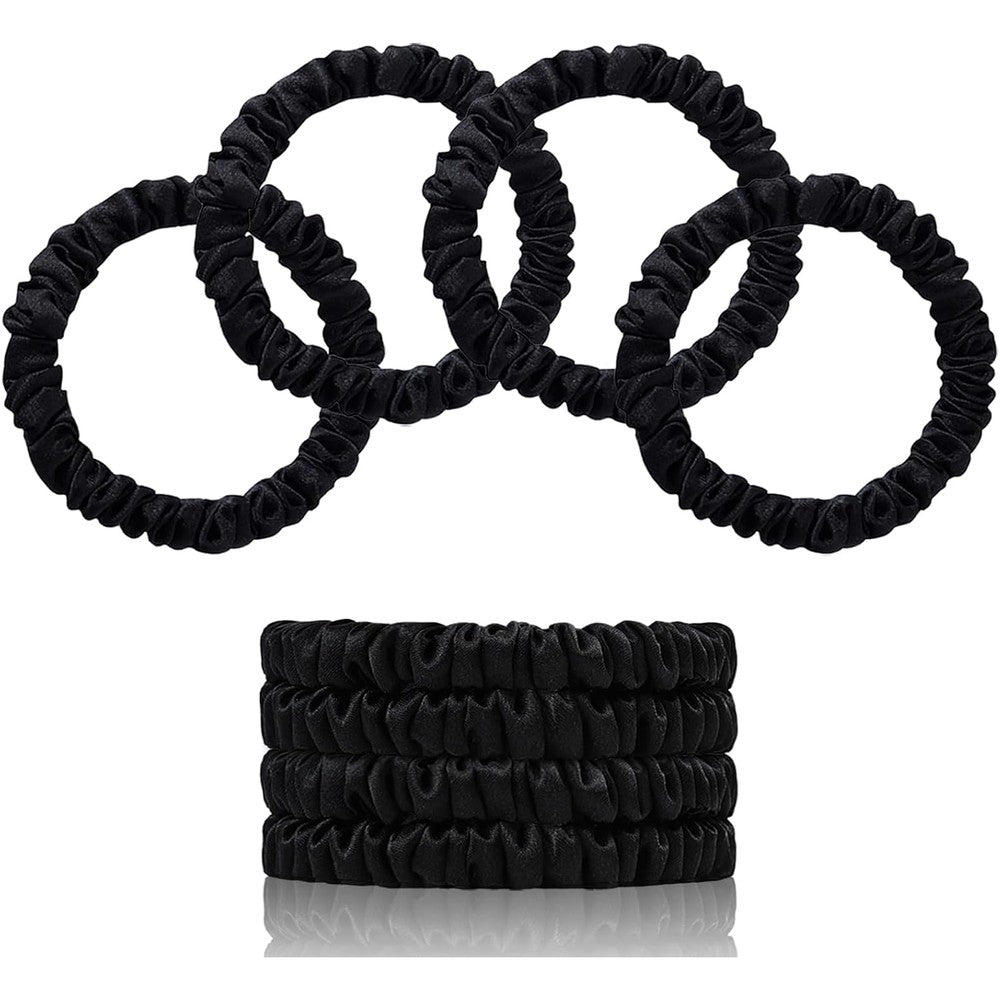 SEMRUE 100 percent pure mulberry silk scrunchies front view displaying four premium black hair ties