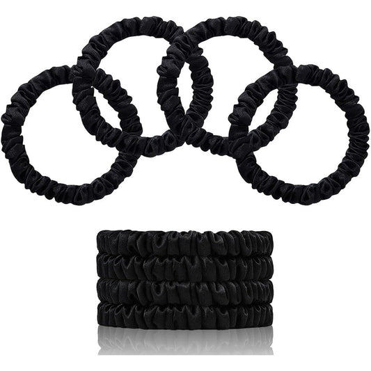 SEMRUE 100 percent pure mulberry silk scrunchies front view displaying four premium black hair ties