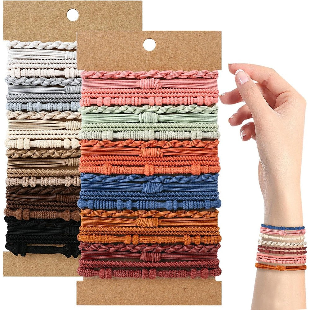 SLNZAPTY boho hair ties front view showing 48 pieces of multicolor braided elastic bracelets.