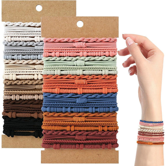 SLNZAPTY boho hair ties front view showing 48 pieces of multicolor braided elastic bracelets.