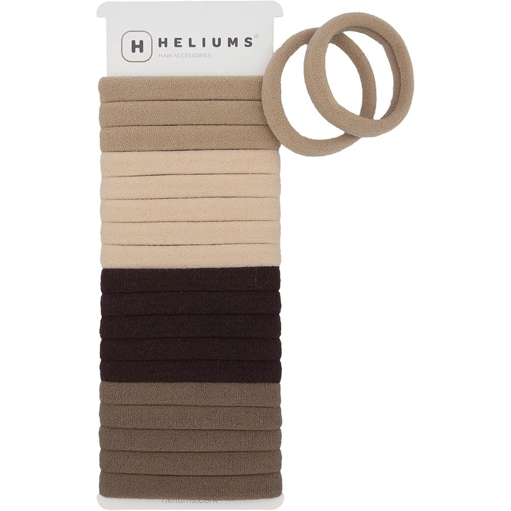 Heliums Soft Hair Ties front view showing neutral toned stacked display of nylon fabric bands.
