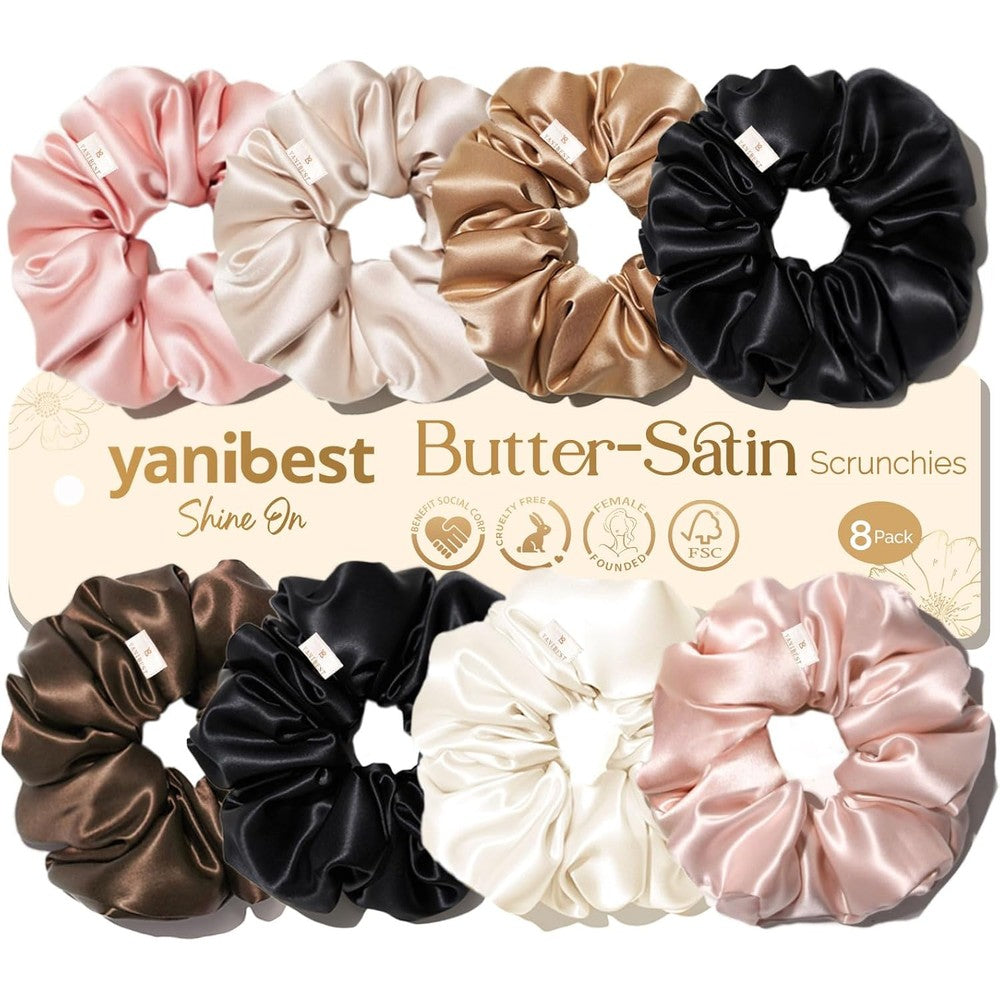 Yanibest 8 Piece Satin Scrunchies front view displaying assorted neutral shades for gentle hair tie styling.