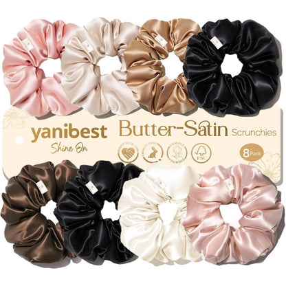Yanibest 8 Piece Satin Scrunchies front view displaying assorted neutral shades for gentle hair tie styling.