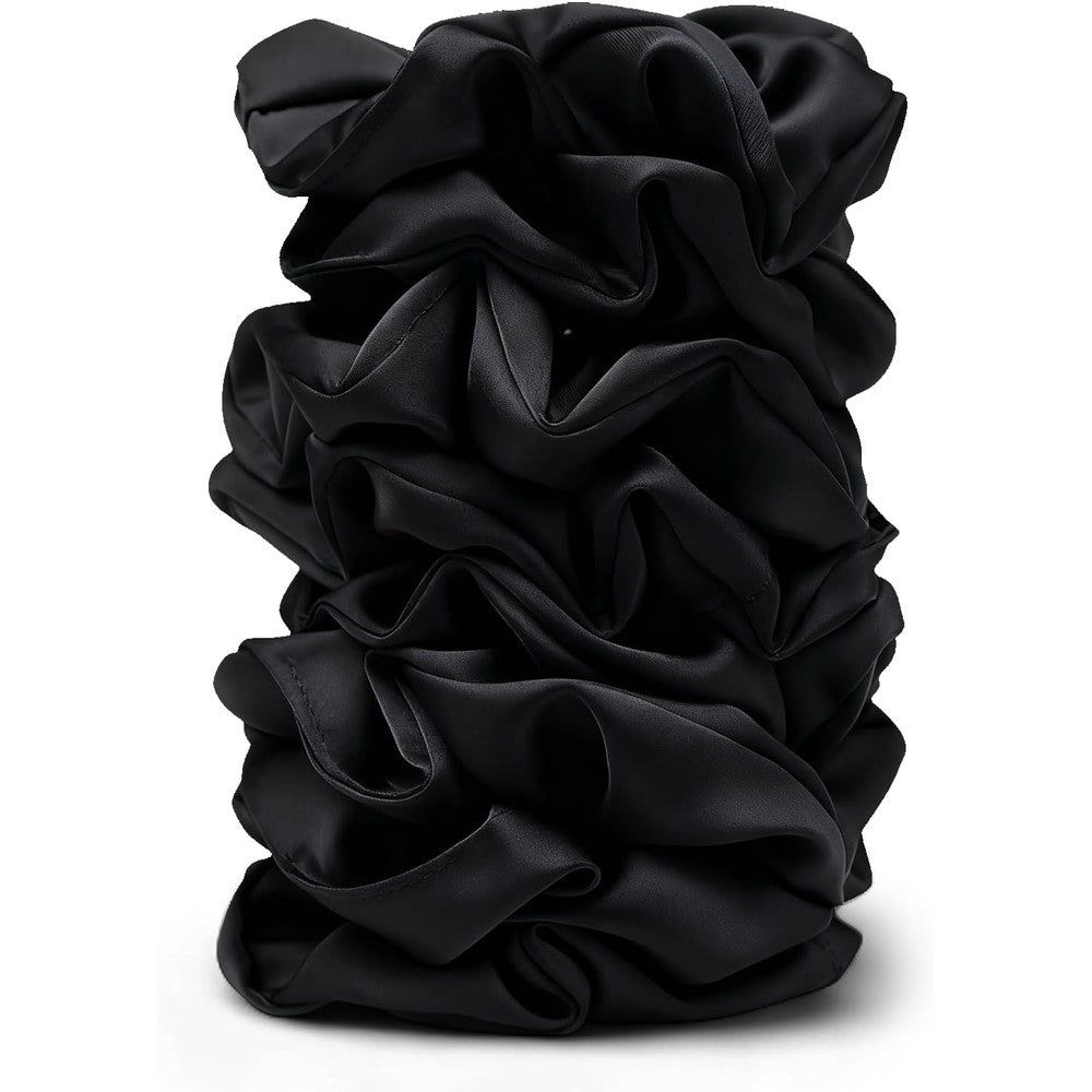 Seven Style satin scrunchies front view showing eight black silk feel hair ties.