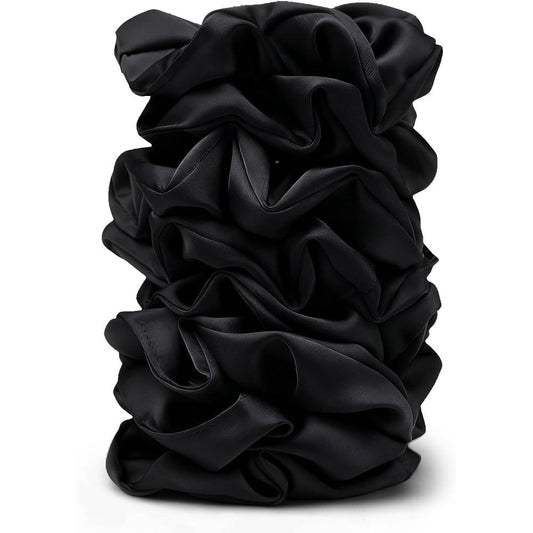 Seven Style satin scrunchies front view showing eight black silk feel hair ties.