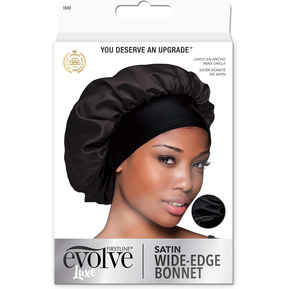 Evolve Satin Wide Edge Bonnet Black front view showcasing the wide protective headband